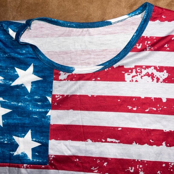 American Flag Women Large Crew Neck Print USA Star Stripe Short Sleeve Shirt (Q) - Picture 3 of 7